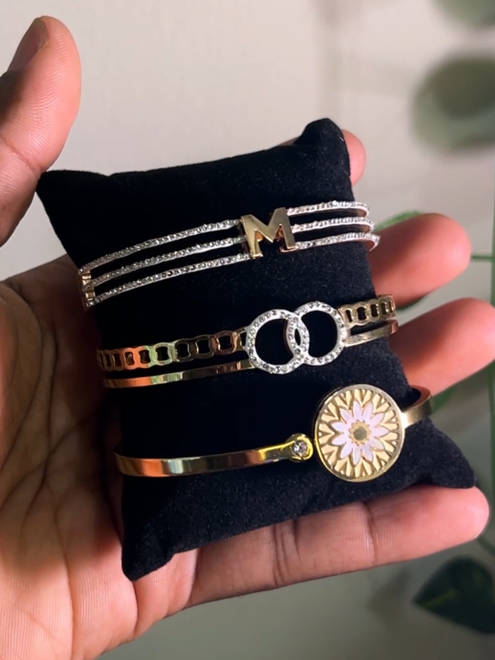 Mixed Metal Daisy & Initial Layered Bracelet Set in Gold and Silver